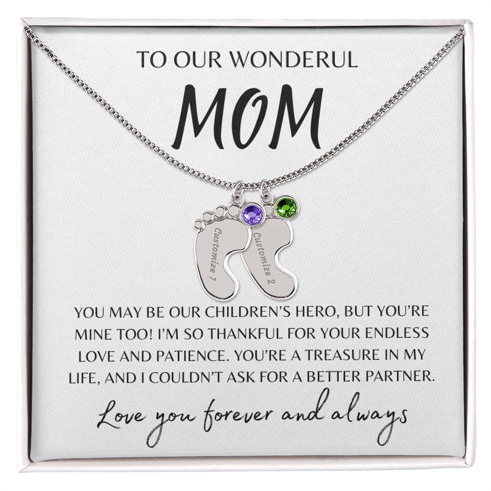To Our Wonderful Mom / Custom Baby Feet Necklace with Birthstone