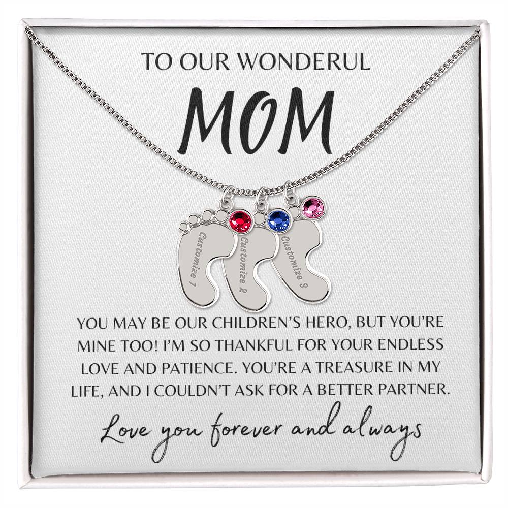 To Our Wonderful Mom / Custom Baby Feet Necklace with Birthstone