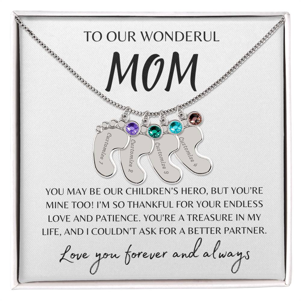To Our Wonderful Mom / Custom Baby Feet Necklace with Birthstone