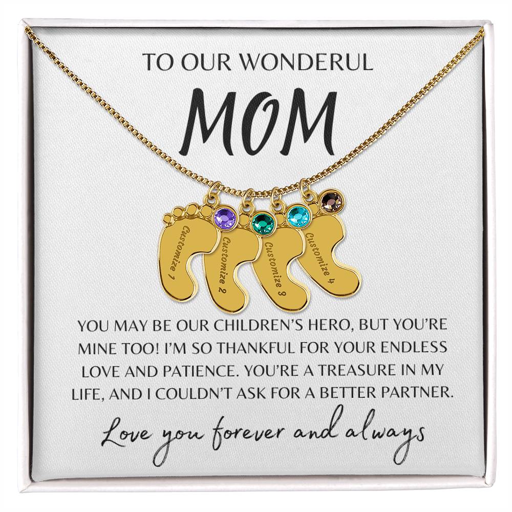 To Our Wonderful Mom / Custom Baby Feet Necklace with Birthstone