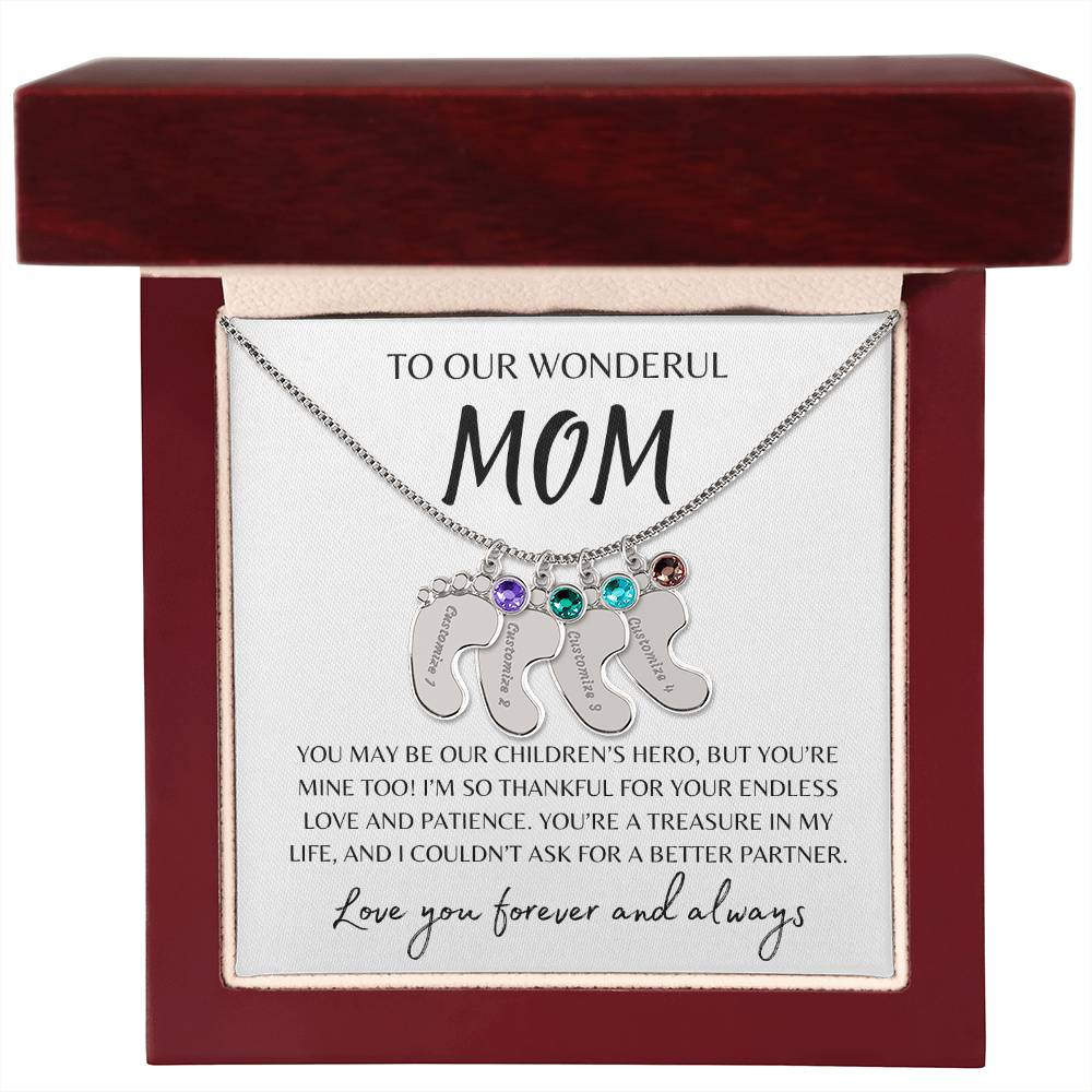 To Our Wonderful Mom / Custom Baby Feet Necklace with Birthstone
