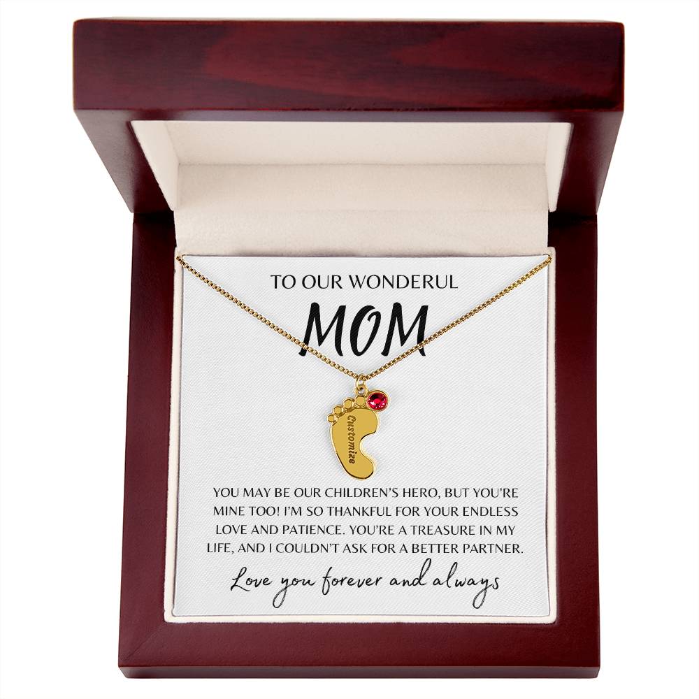 To Our Wonderful Mom / Custom Baby Feet Necklace with Birthstone