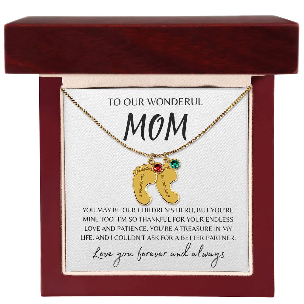 To Our Wonderful Mom / Custom Baby Feet Necklace with Birthstone