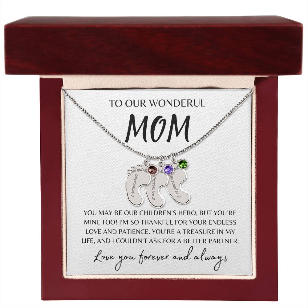 To Our Wonderful Mom / Custom Baby Feet Necklace with Birthstone