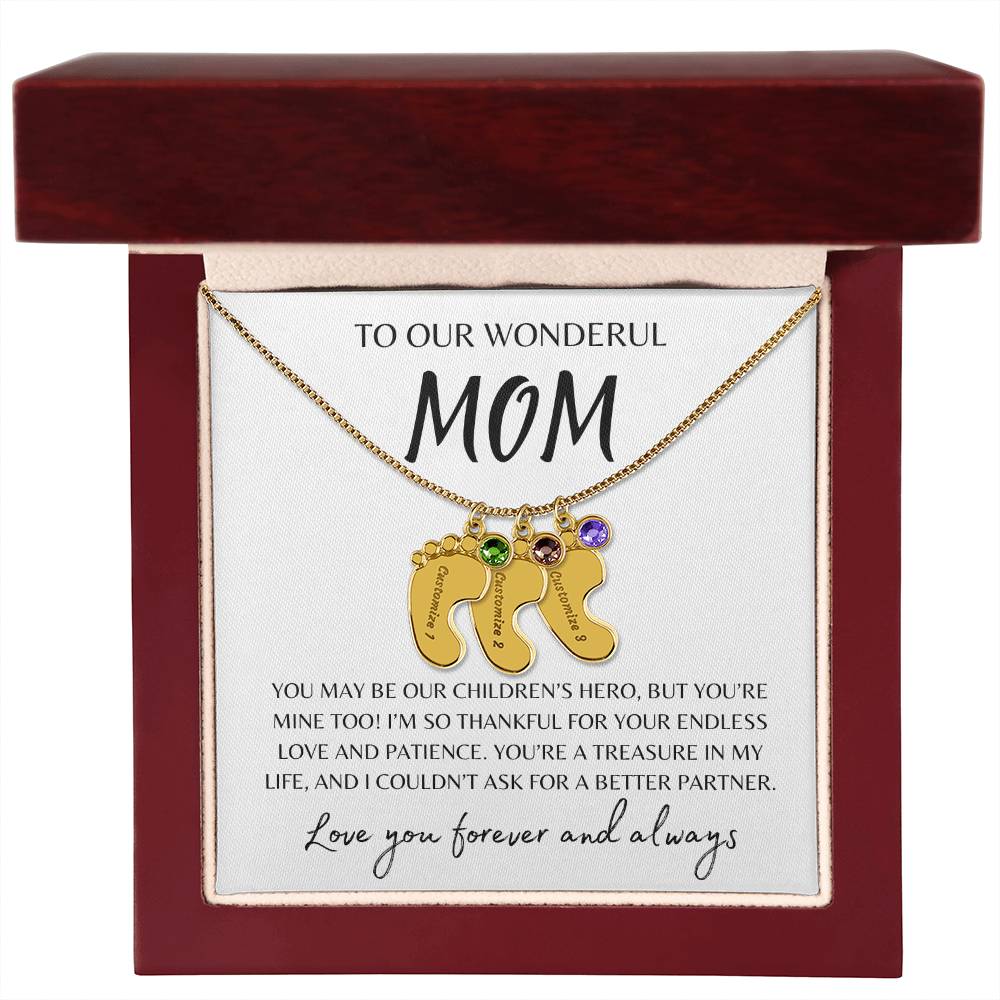 To Our Wonderful Mom / Custom Baby Feet Necklace with Birthstone