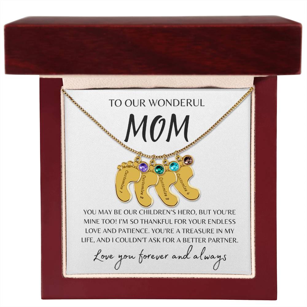 To Our Wonderful Mom / Custom Baby Feet Necklace with Birthstone