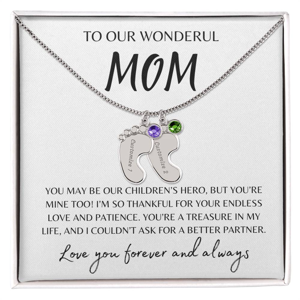 To Our Wonderful Mom /  Custom Baby Feet Necklace with Birthstone