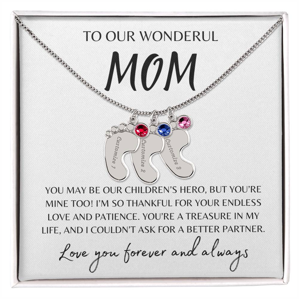 To Our Wonderful Mom /  Custom Baby Feet Necklace with Birthstone