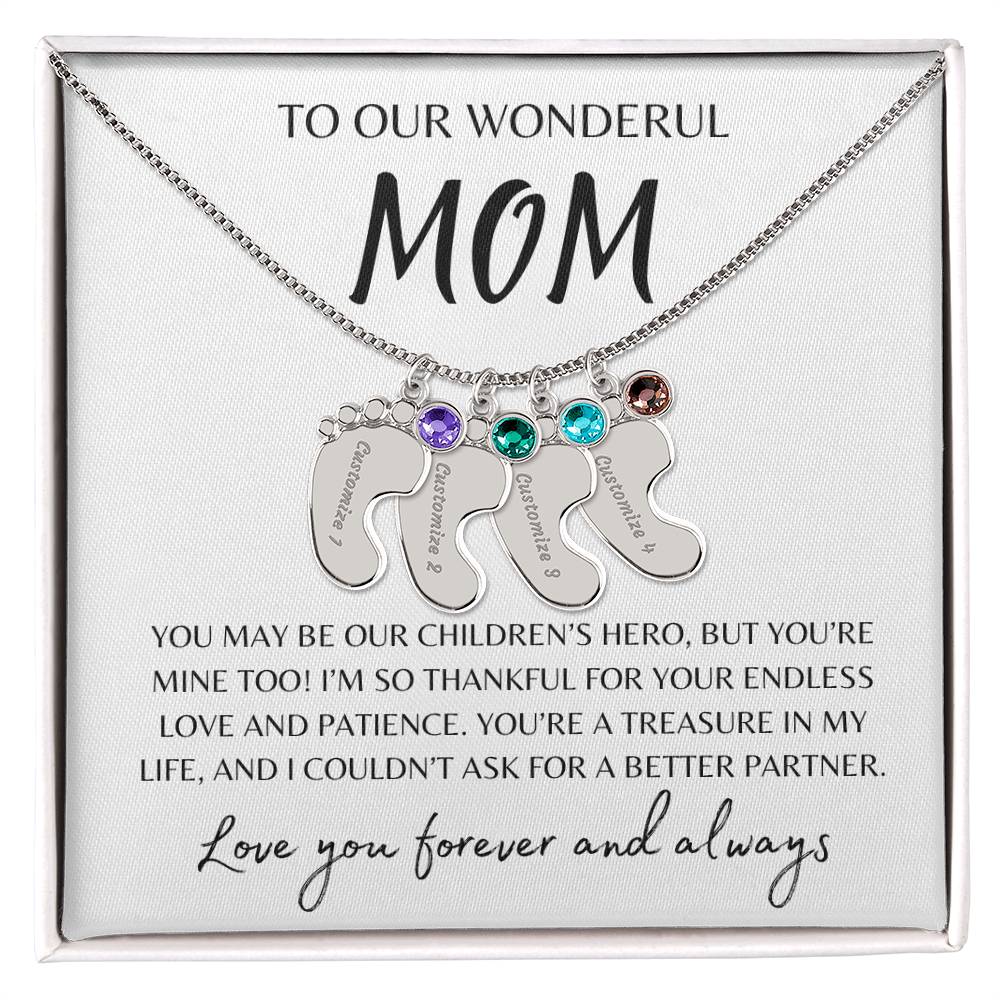 To Our Wonderful Mom /  Custom Baby Feet Necklace with Birthstone