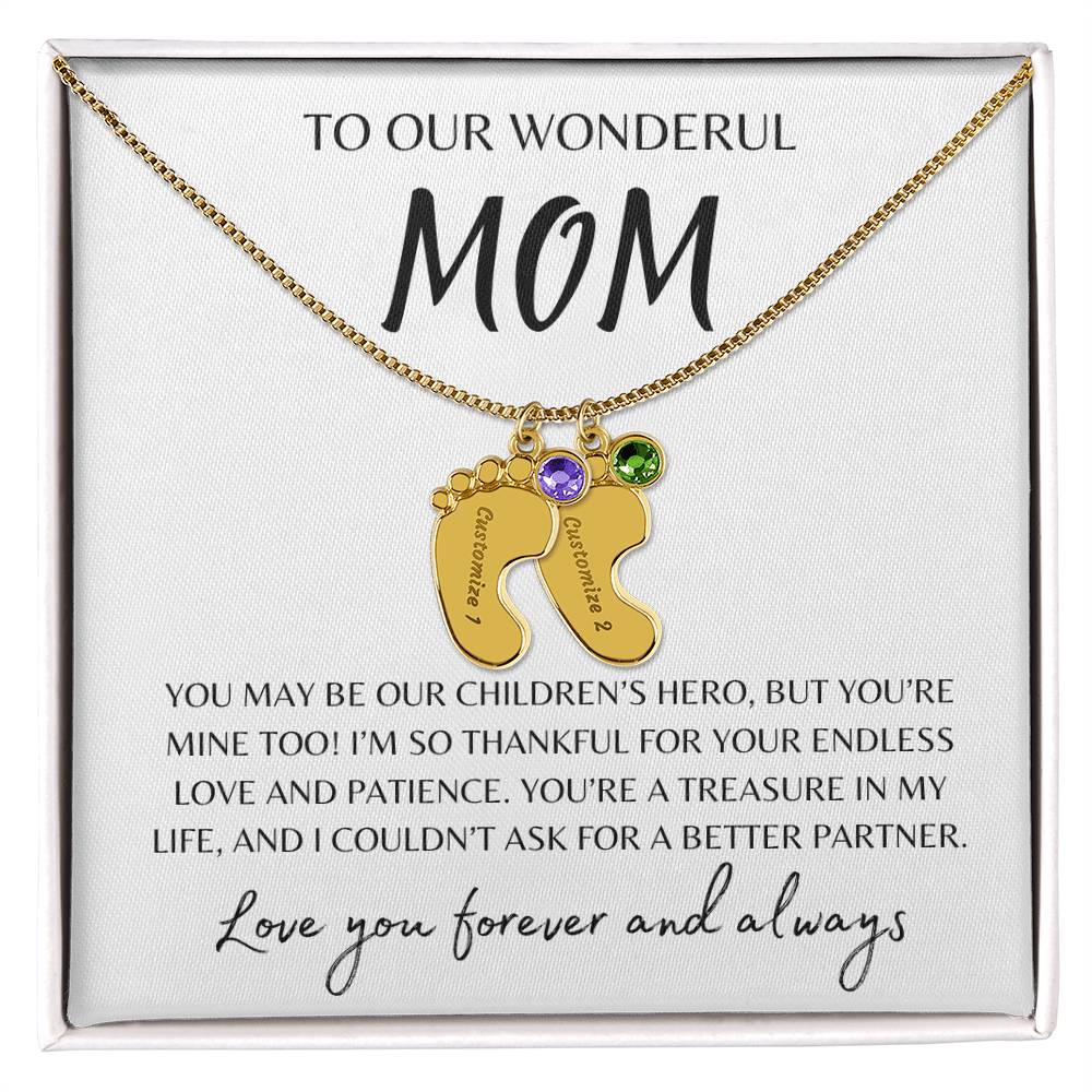 To Our Wonderful Mom /  Custom Baby Feet Necklace with Birthstone