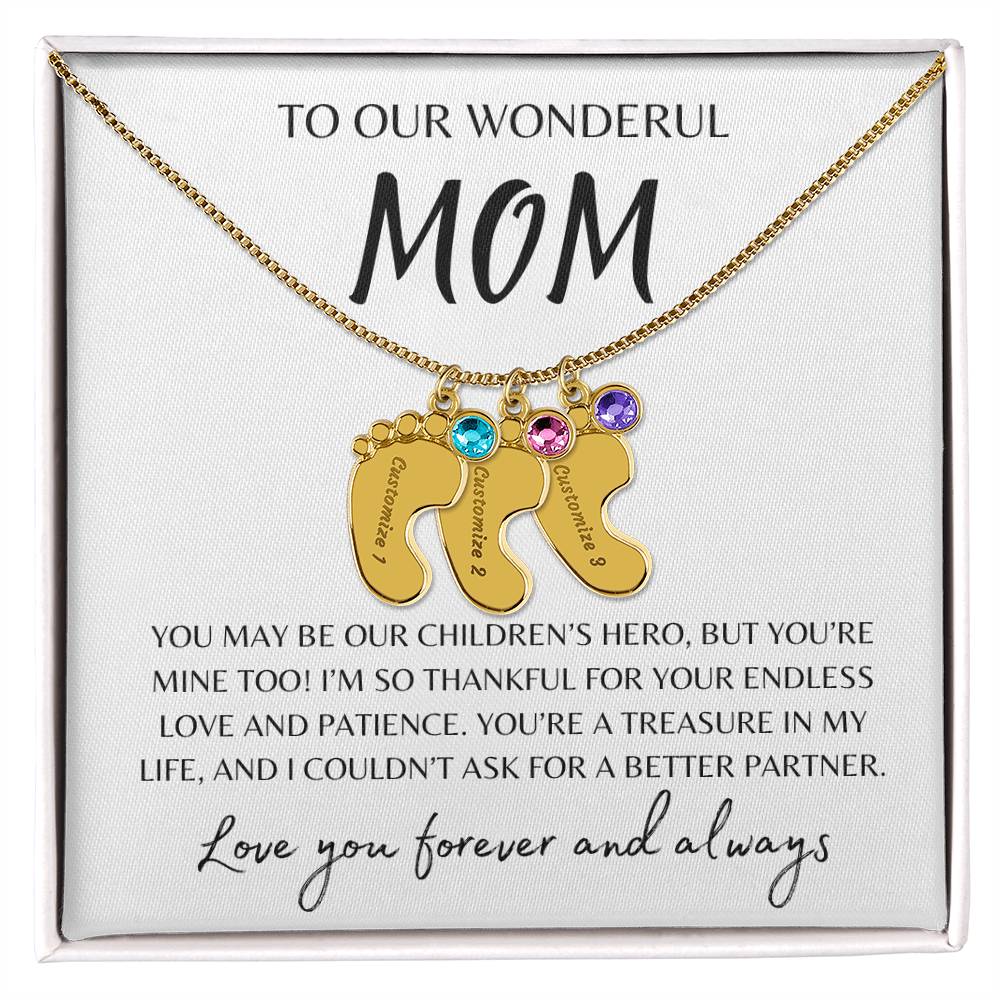 To Our Wonderful Mom /  Custom Baby Feet Necklace with Birthstone