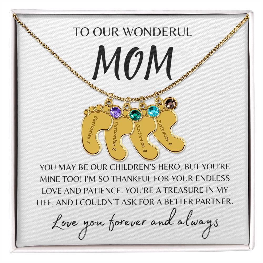 To Our Wonderful Mom /  Custom Baby Feet Necklace with Birthstone