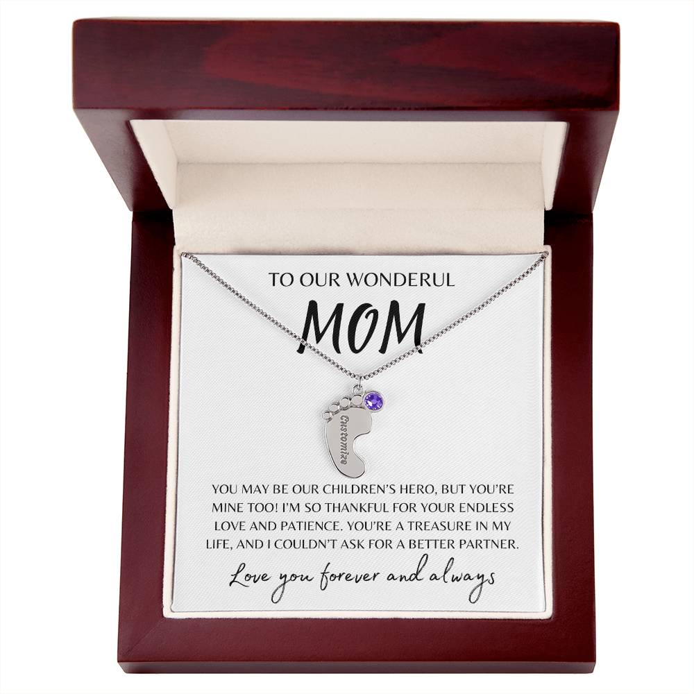 To Our Wonderful Mom /  Custom Baby Feet Necklace with Birthstone