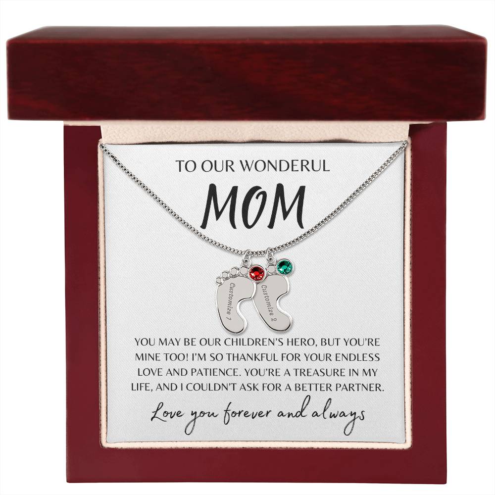 To Our Wonderful Mom /  Custom Baby Feet Necklace with Birthstone